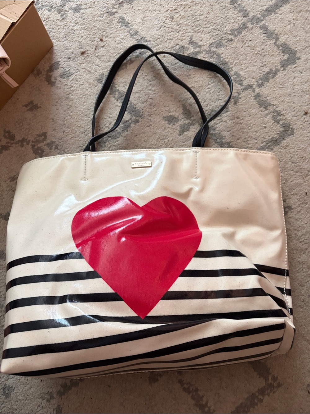 kate spade White and Black Stripe Tote with Red Heart